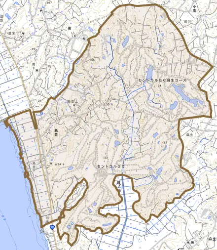 島並とその周辺の地図。町の範囲を重ねている