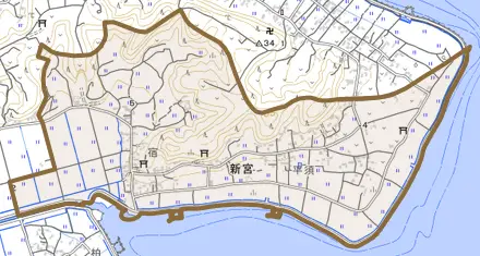 新宮とその周辺の地図。町の範囲を重ねている