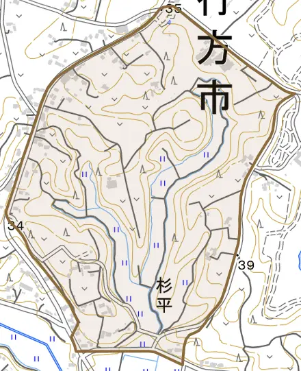 杉平とその周辺の地図。町の範囲を重ねている