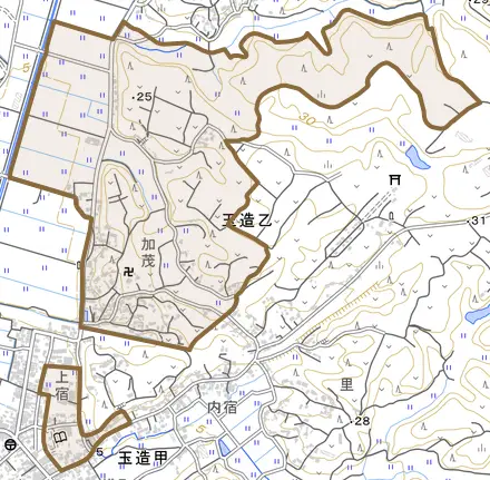 玉造乙とその周辺の地図。町の範囲を重ねている