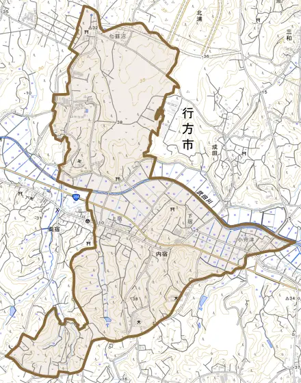 内宿とその周辺の地図。町の範囲を重ねている