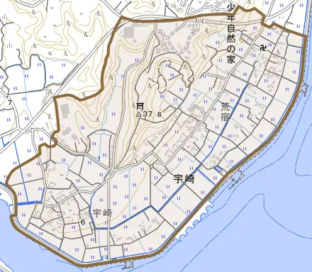 宇崎とその周辺の地図。町の範囲を重ねている