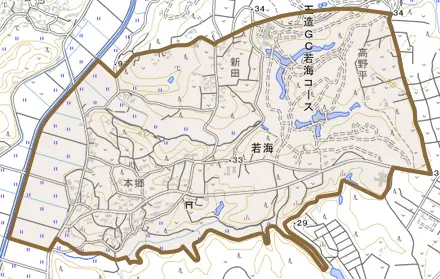若海とその周辺の地図。町の範囲を重ねている