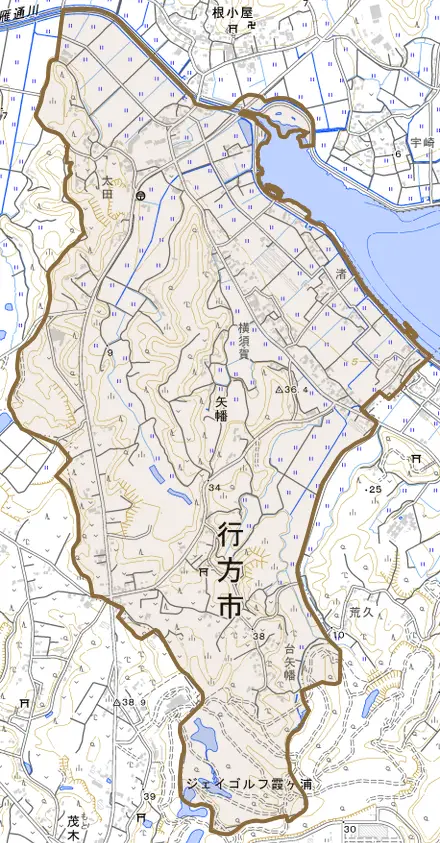 矢幡とその周辺の地図。町の範囲を重ねている