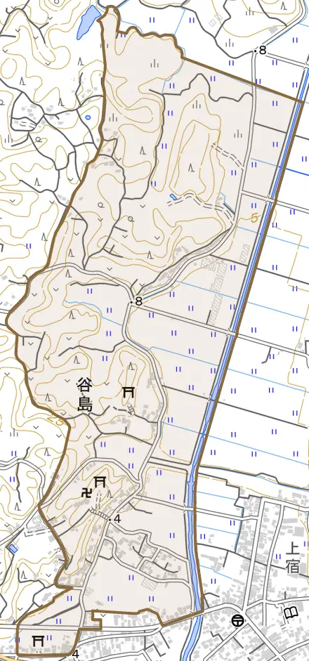 谷島とその周辺の地図。町の範囲を重ねている