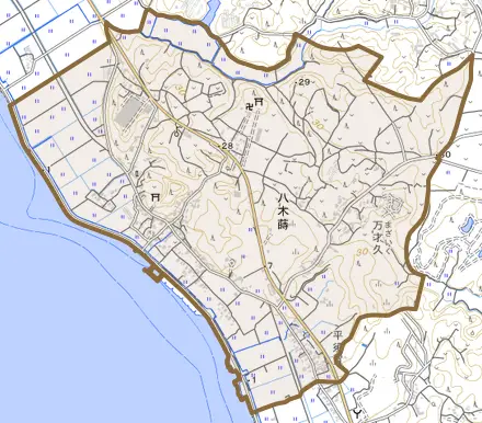八木蒔とその周辺の地図。町の範囲を重ねている