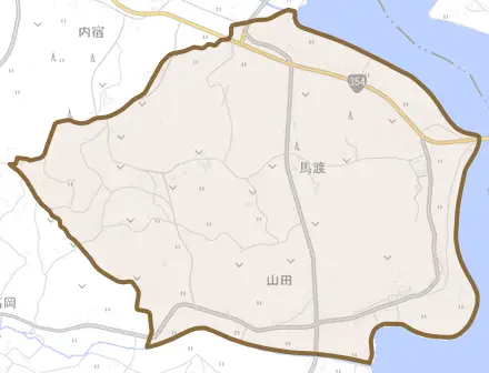 山田とその周辺の地図。町の範囲を重ねている