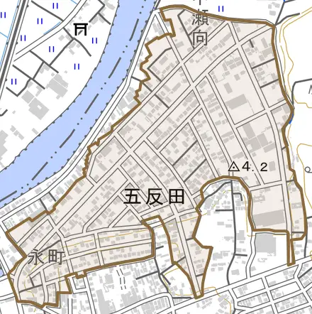 五反田とその周辺の地図。町の範囲を重ねている
