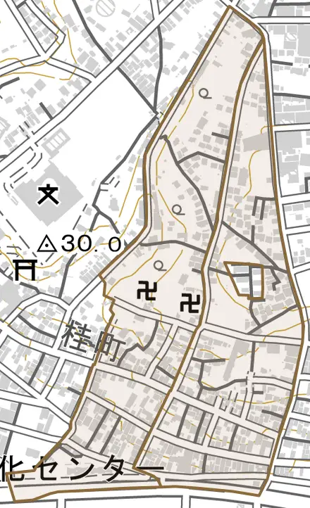 磯浜町とその周辺の地図。町の範囲を重ねている