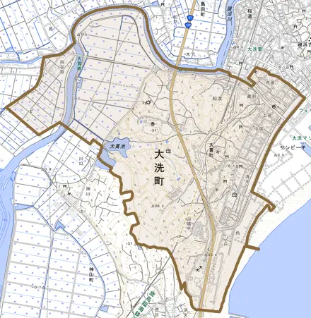 大貫町とその周辺の地図。町の範囲を重ねている