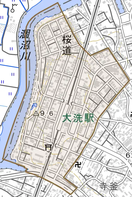 桜道とその周辺の地図。町の範囲を重ねている