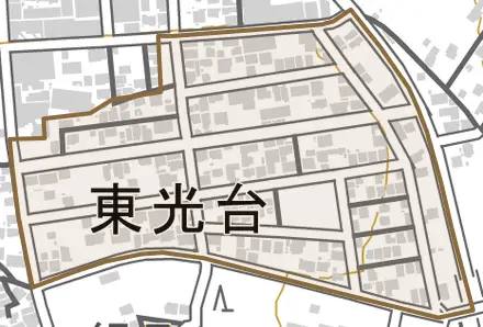 東光台とその周辺の地図。町の範囲を重ねている