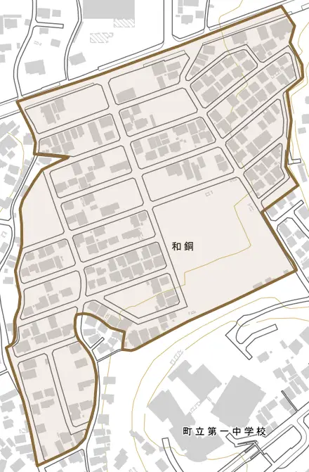 和銅とその周辺の地図。町の範囲を重ねている