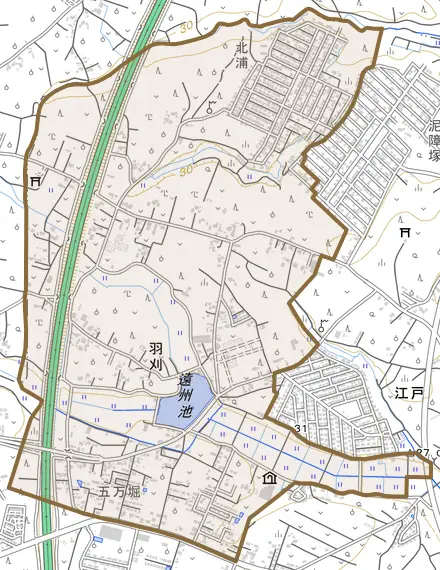 羽刈とその周辺の地図。町の範囲を重ねている