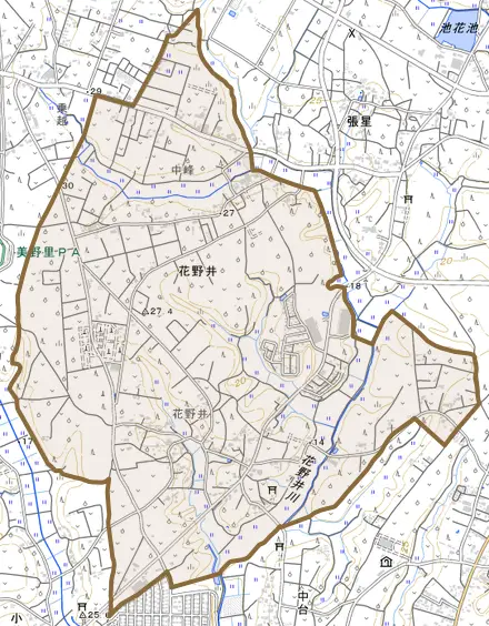 花野井とその周辺の地図。町の範囲を重ねている
