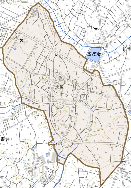 張星とその周辺の地図。町の範囲を重ねている