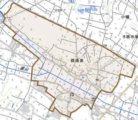 橋場美とその周辺の地図。町の範囲を重ねている