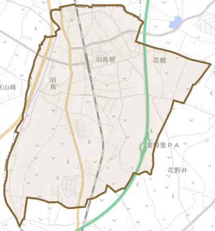 羽鳥とその周辺の地図。町の範囲を重ねている