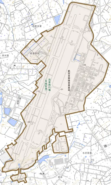 百里とその周辺の地図。町の範囲を重ねている