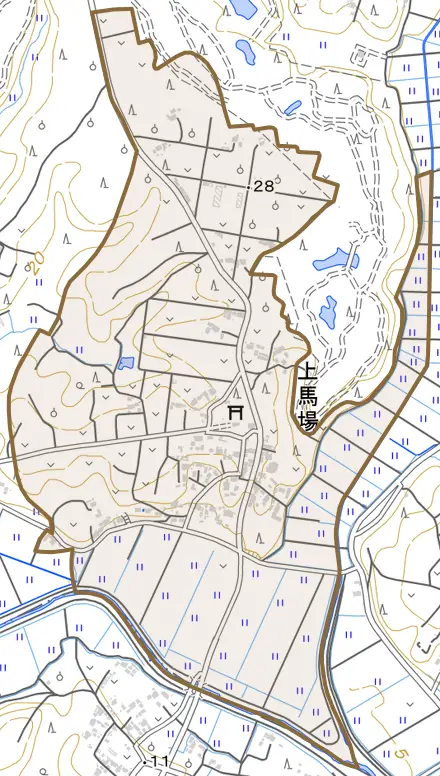上馬場とその周辺の地図。町の範囲を重ねている
