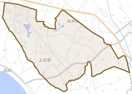 上玉里とその周辺の地図。町の範囲を重ねている