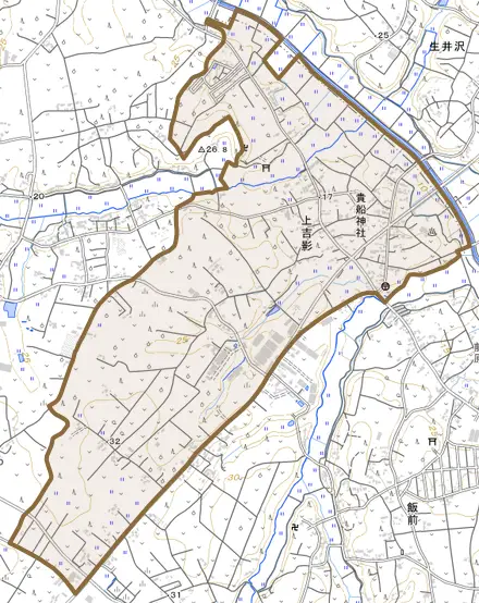 上吉影とその周辺の地図。町の範囲を重ねている