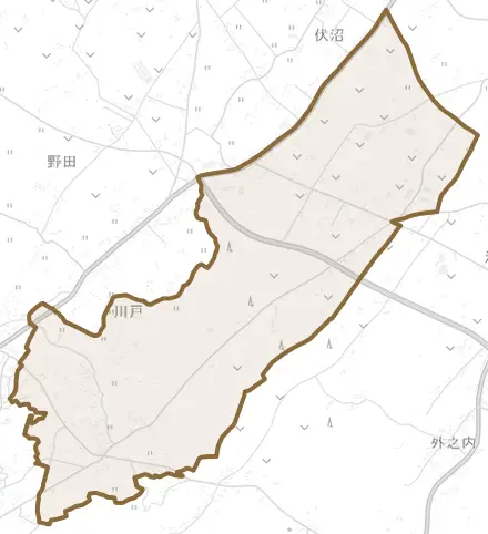 川戸とその周辺の地図。町の範囲を重ねている