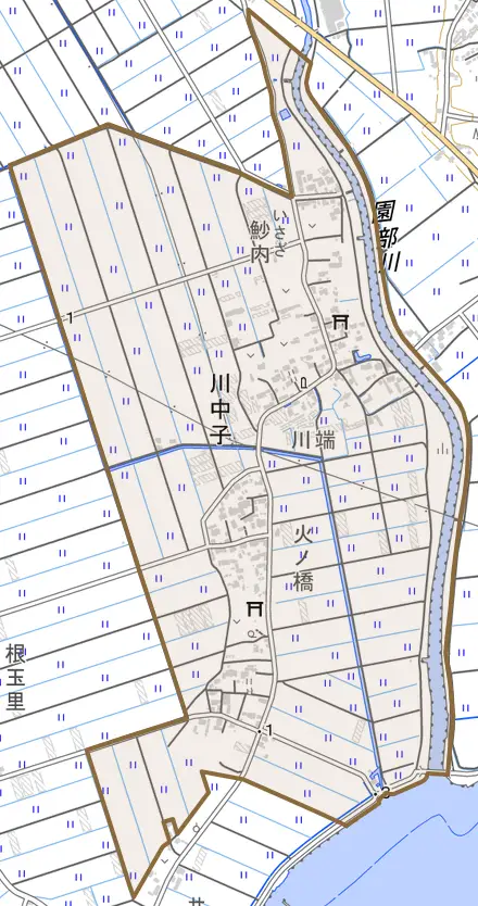 川中子とその周辺の地図。町の範囲を重ねている