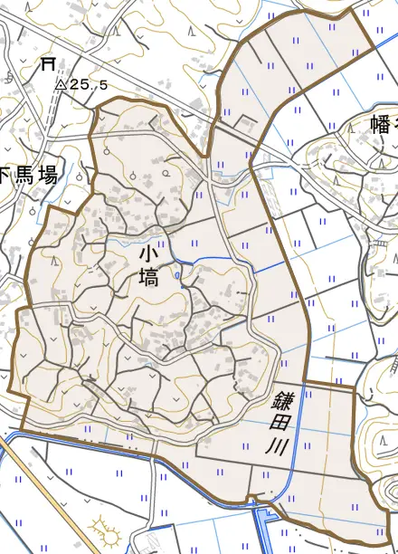 小塙とその周辺の地図。町の範囲を重ねている