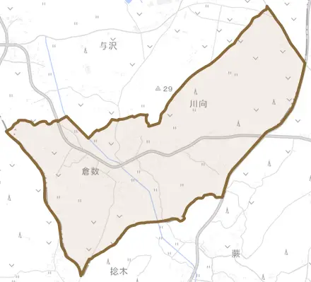倉数とその周辺の地図。町の範囲を重ねている