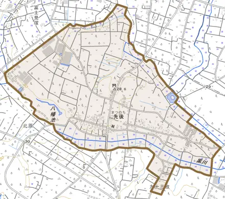 先後とその周辺の地図。町の範囲を重ねている