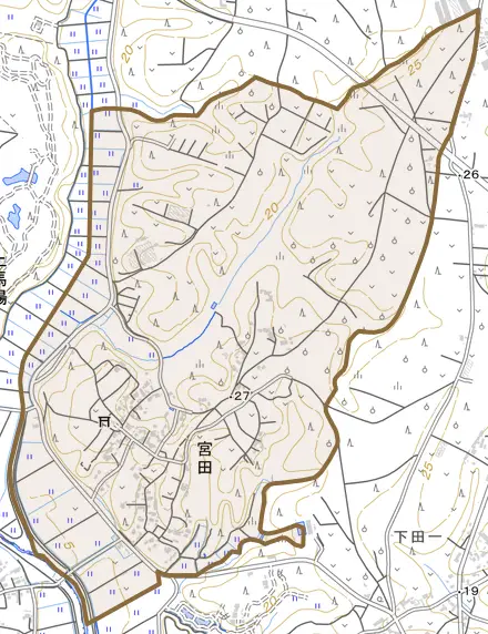 宮田とその周辺の地図。町の範囲を重ねている