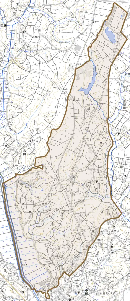 中延とその周辺の地図。町の範囲を重ねている