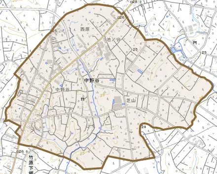 中野谷とその周辺の地図。町の範囲を重ねている