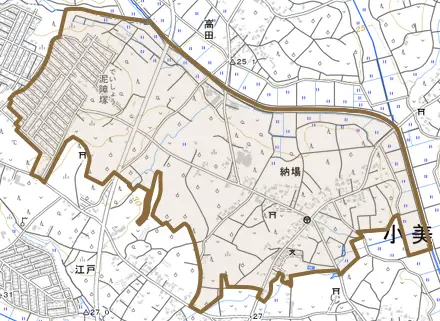 納場とその周辺の地図。町の範囲を重ねている