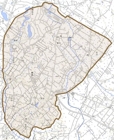 野田とその周辺の地図。町の範囲を重ねている