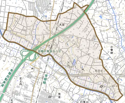 大谷とその周辺の地図。町の範囲を重ねている