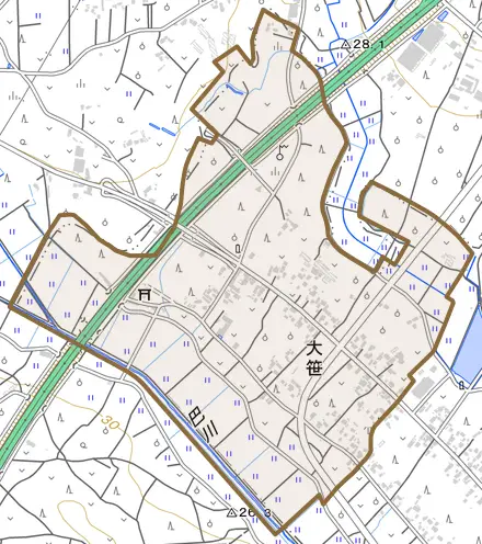 大笹とその周辺の地図。町の範囲を重ねている