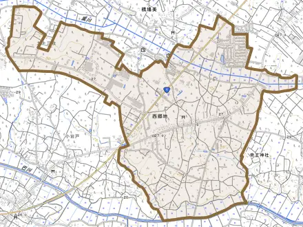 西郷地とその周辺の地図。町の範囲を重ねている