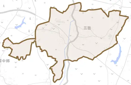 三箇とその周辺の地図。町の範囲を重ねている