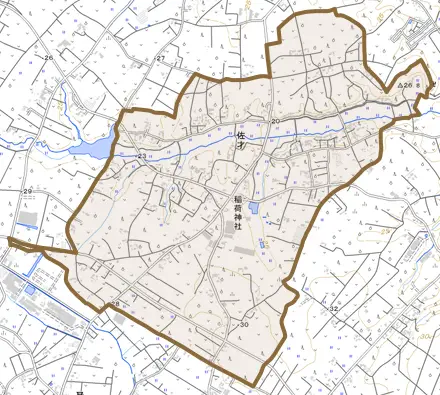 佐才とその周辺の地図。町の範囲を重ねている