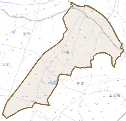 世楽とその周辺の地図。町の範囲を重ねている