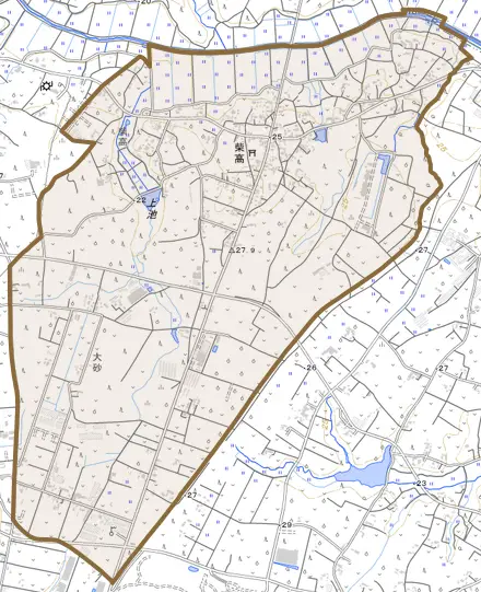 柴高とその周辺の地図。町の範囲を重ねている