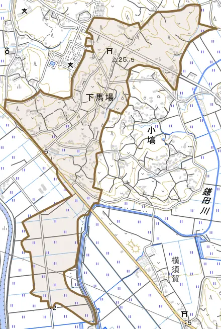 下馬場とその周辺の地図。町の範囲を重ねている