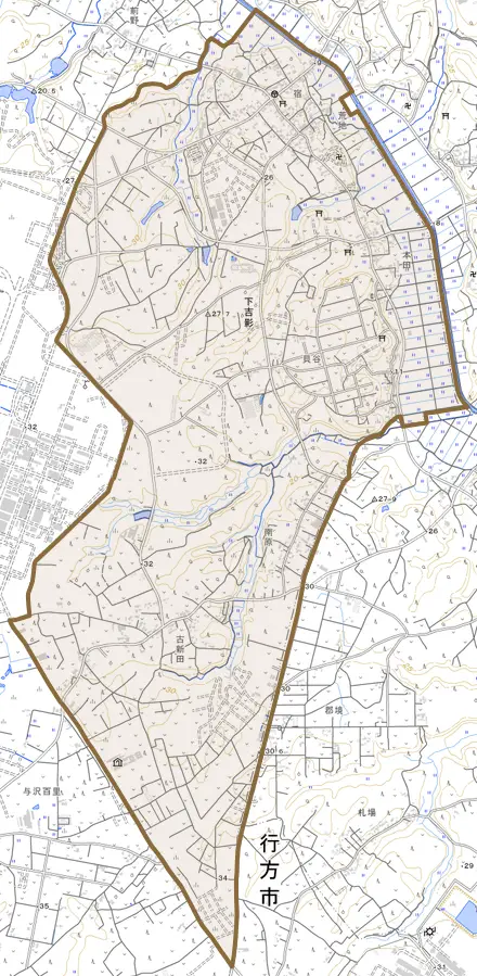 下吉影とその周辺の地図。町の範囲を重ねている