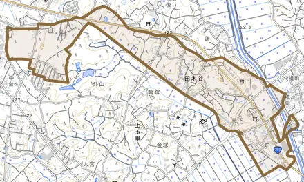 田木谷とその周辺の地図。町の範囲を重ねている