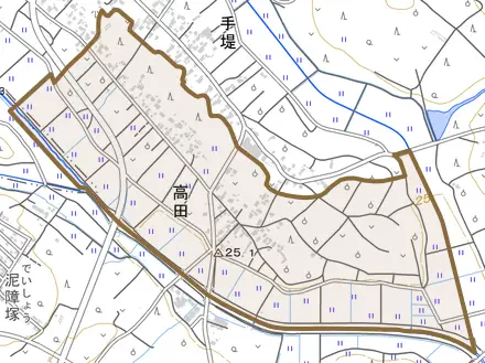 高田とその周辺の地図。町の範囲を重ねている