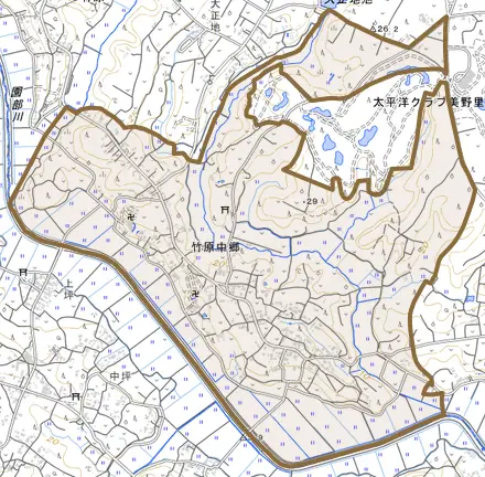 竹原中郷とその周辺の地図。町の範囲を重ねている