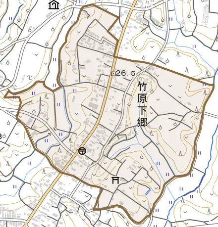 竹原下郷とその周辺の地図。町の範囲を重ねている