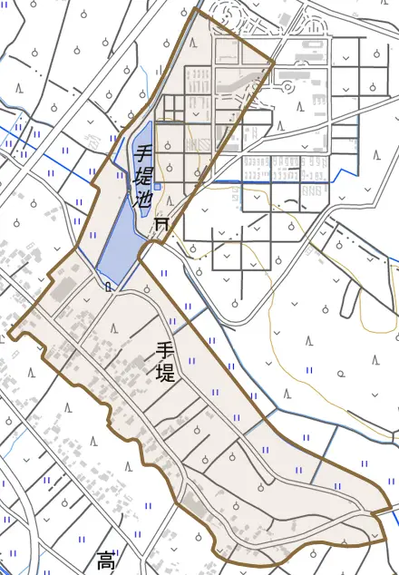 手堤とその周辺の地図。町の範囲を重ねている